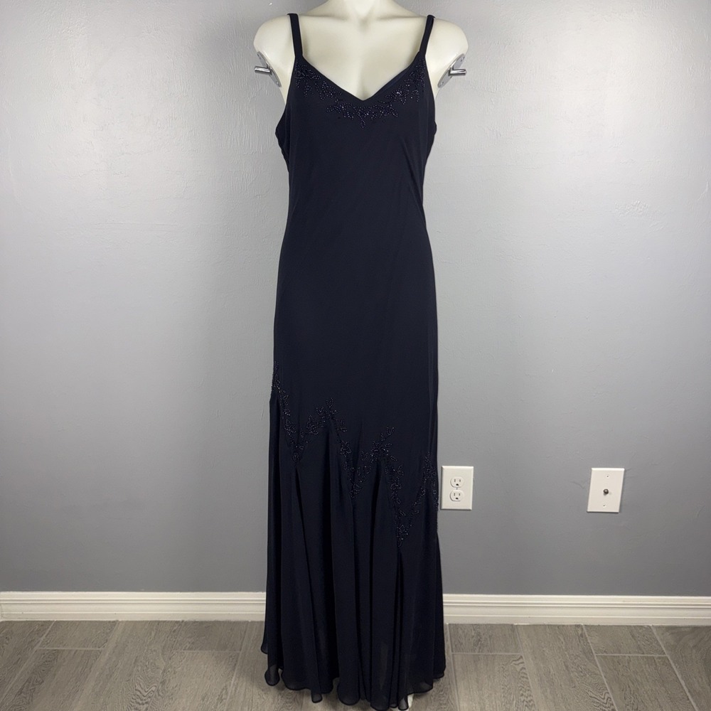 Xscape Dress Maxi Gown Sz 14 Navy Bead Sheer Y2K 90s Formal Fairy Grunge Prom